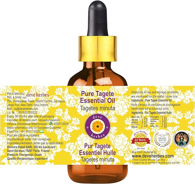 Deve Herbes Pure Tagete Essential Oil (Tagetes minuta) with Glass Dropper Steam Distilled (Pack of Two) 100ml X 2 (6.76 oz)