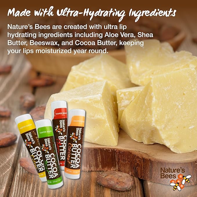 Nature's Bees Cocoa Butter Lip Balm, Lip Care for Dry Lips, Coconut Oil, Beeswax, Vitamin E, Aloe, & Shea Butter, 0.15 oz Each, 4 Flavors, Citrus, Coconut, Cherry, & Mint, 24 Pack - Packaging May Vary