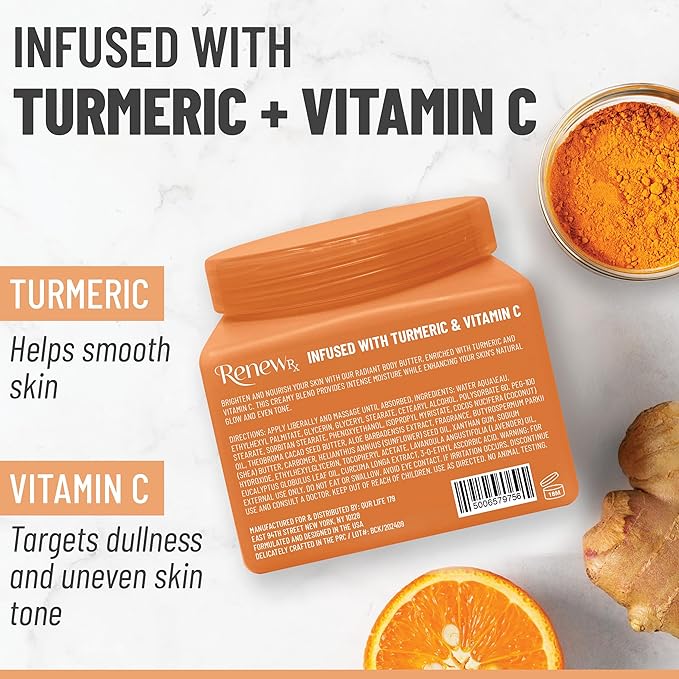 Turmeric + Vitamin C Radiating Body Butter for Dry Skin – Hydrating, Radiance-Boosting Skin Care, Vegan Skincare, 16 oz