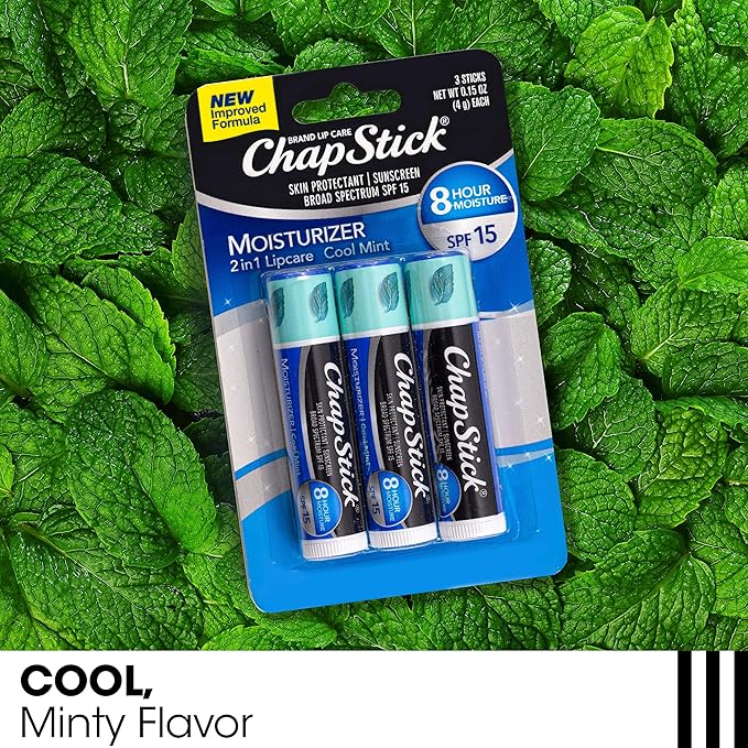 ChapStick Moisturizer 2-in-1 Lipcare SPF 15, Cool Mint, Sunscreen Lip Balm with Aloe Vera and Vitamin E, 0.15 Oz Ea pack of 3 (12) total 36