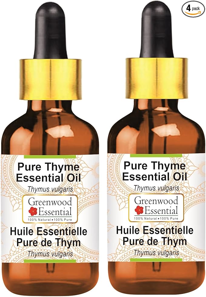 Greenwood Essential Thyme Essential Oil (Thymus vulgaris) with Glass Dropper Steam Distilled (Pack of Two) 100ml X 2 (6.76 oz)