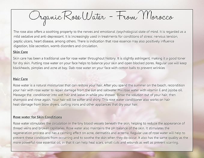 Premium Organic Moroccan Rose Water - 4oz W/Sprayer - Imported From Morocco - 100% Pure (Food Grade) No Oils or Alcohol - Rich in Vitamin A & C Perfect for Hydrating & Rejuvenating Your Face & Neck