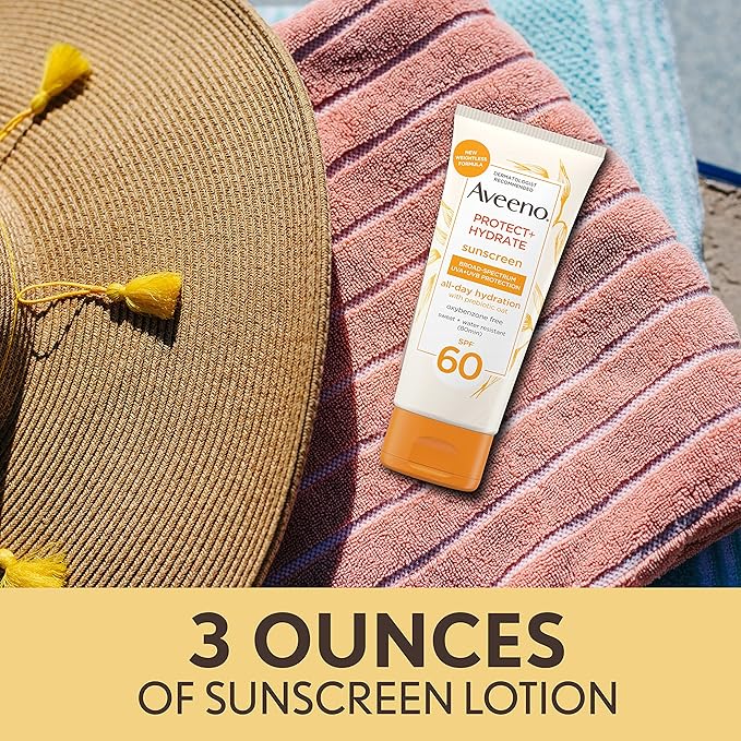 Aveeno Protect + Hydrate Moisturizing Body Sunscreen Lotion with Broad Spectrum SPF 60 & Prebiotic Oat, Weightless & Refreshing Feel, Paraben-Free, Oil-Free, Oxybenzone-Free, 3.0 fl. oz | Moisturizing, Body, Prebiotic Oat, Weightless, Refreshing Feel