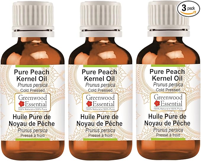 Greenwood Essential Pure Peach Kernel Oil (Prunus persica) Cold Pressed (Pack of Three) 100ml X 3 (10 oz)