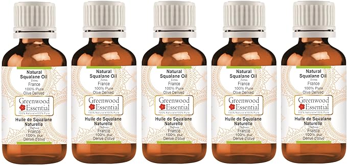 Greenwood Essential Pure Natural Squalane Oil (derived from Olives) Natural Therapeutic Grade for Hair, Skin & Aromatherapy (Pack of Five) 100ml X 5 (16.9 oz)
