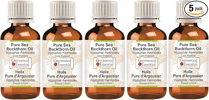 Greenwood Essential Pure Sea Buckthorn Oil (Hippophae rhamnoides) Cold Pressed (Pack of Five) 100ml X 5 (16.9 oz)
