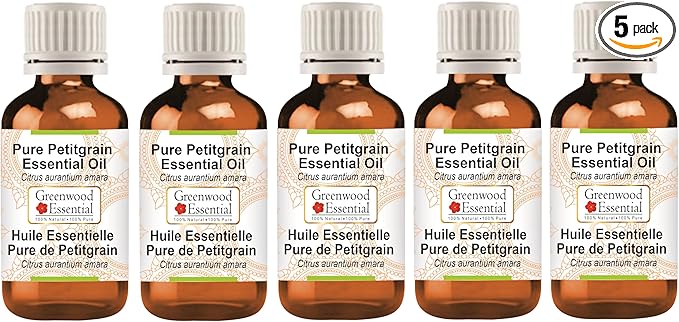 Greenwood Essential Pure Petitgrain Essential Oil (Citrus aurantium Amara) Steam Distilled (Pack of Five) 100ml X 5(16.9 oz)