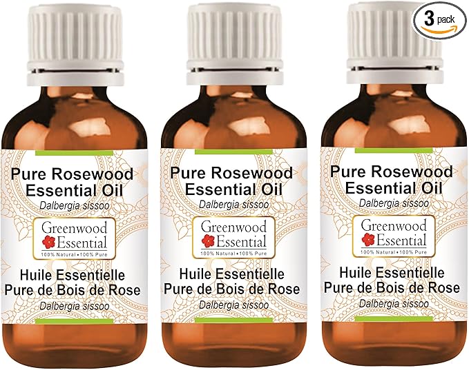 Greenwood Essential Pure Rosewood Essential Oil (Dalbergia Sissoo) Steam Distilled (Pack of Three) 100ml X 3 (10.1oz)